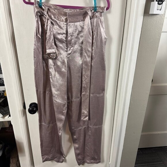 Saint Art Lance Zipper Pants baby pink satin cargo pants with belt